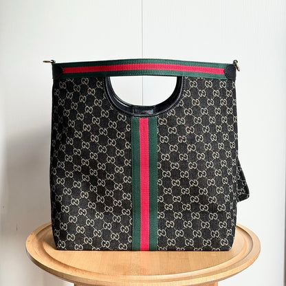 Gucci Giglio Large Tote Bag Black And White GG Denim 39Cm ‎