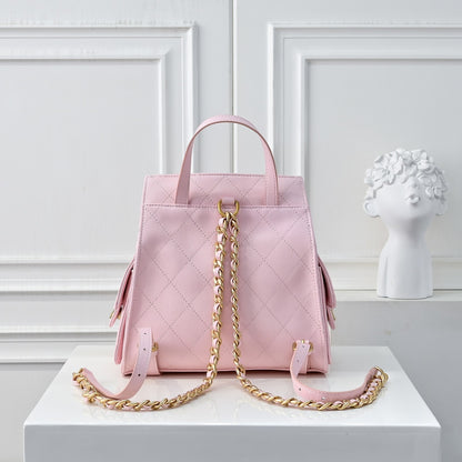Chanel 25 Medium Size Backpack Grain Effect And Gold Metal Pink 23Cm