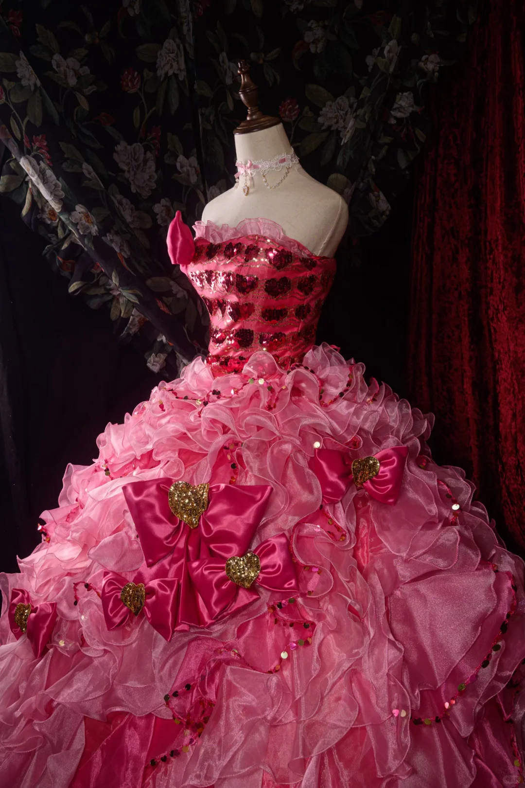 Vintage Hot Pink Sequin Strapless Ball Gown Ruffled Layers Bow Embellishments Quinceañera Formal Dress TP5114