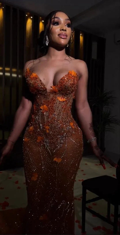 Orange Luxury Shiny Beaded V Neck Sexy Elegant Mermaid Slim Fit Long Floor Length Train Ball Gown Evening Gown Party Dress Prom Dress gh3660