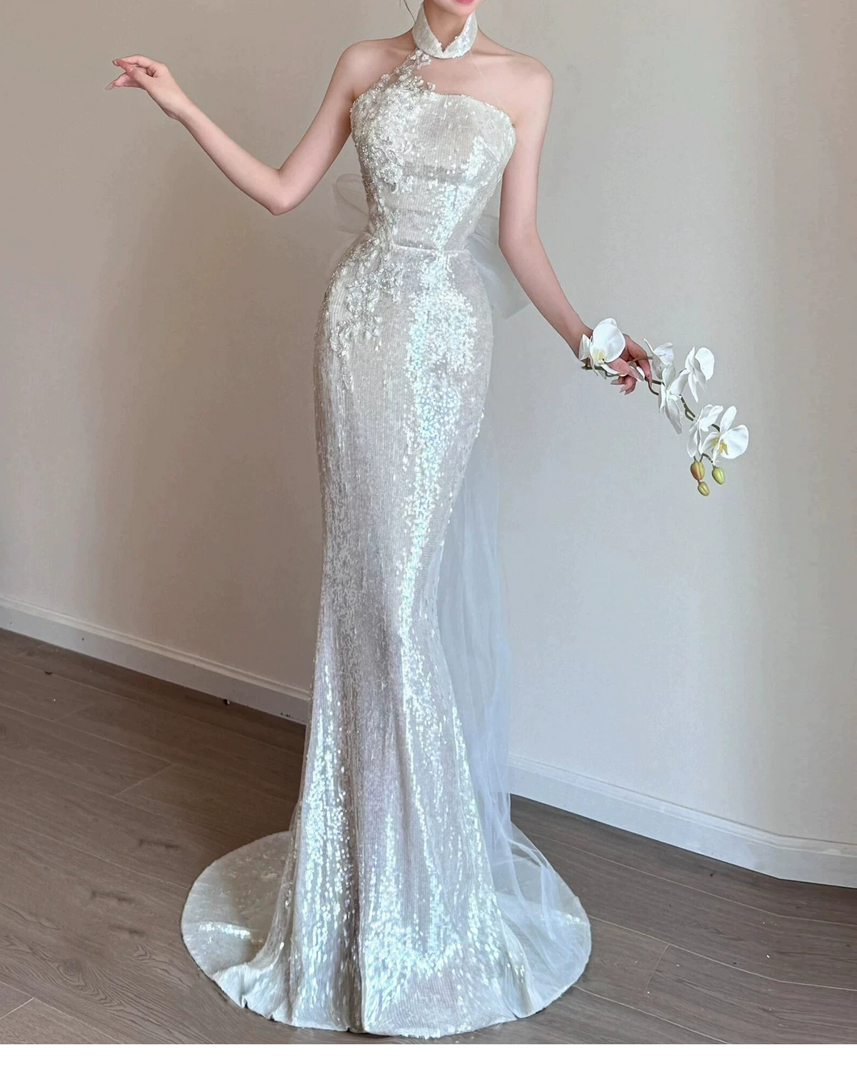 Glamorous White Sequined Halter-Neck Mermaid Prom Dress TP5874