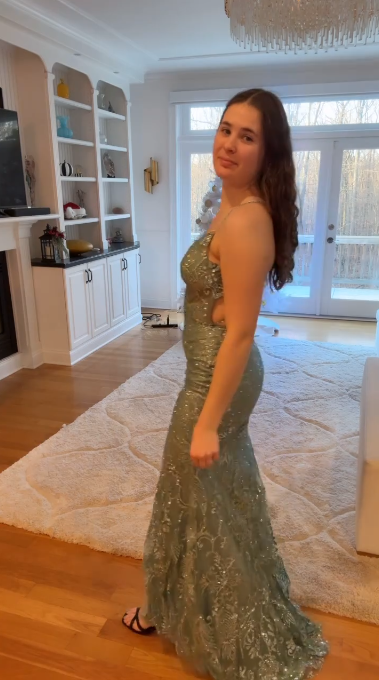 Sparkling Sage Green Sequin Spaghetti Strap V-Neck High Slit Maxi Length Evening Gown TP5272