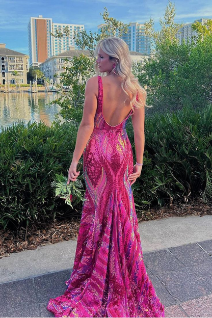 Luxurious Mermaid V Neck Fuchsia Sequins Prom Dress Formal Party Dress Evening Gown cc1533