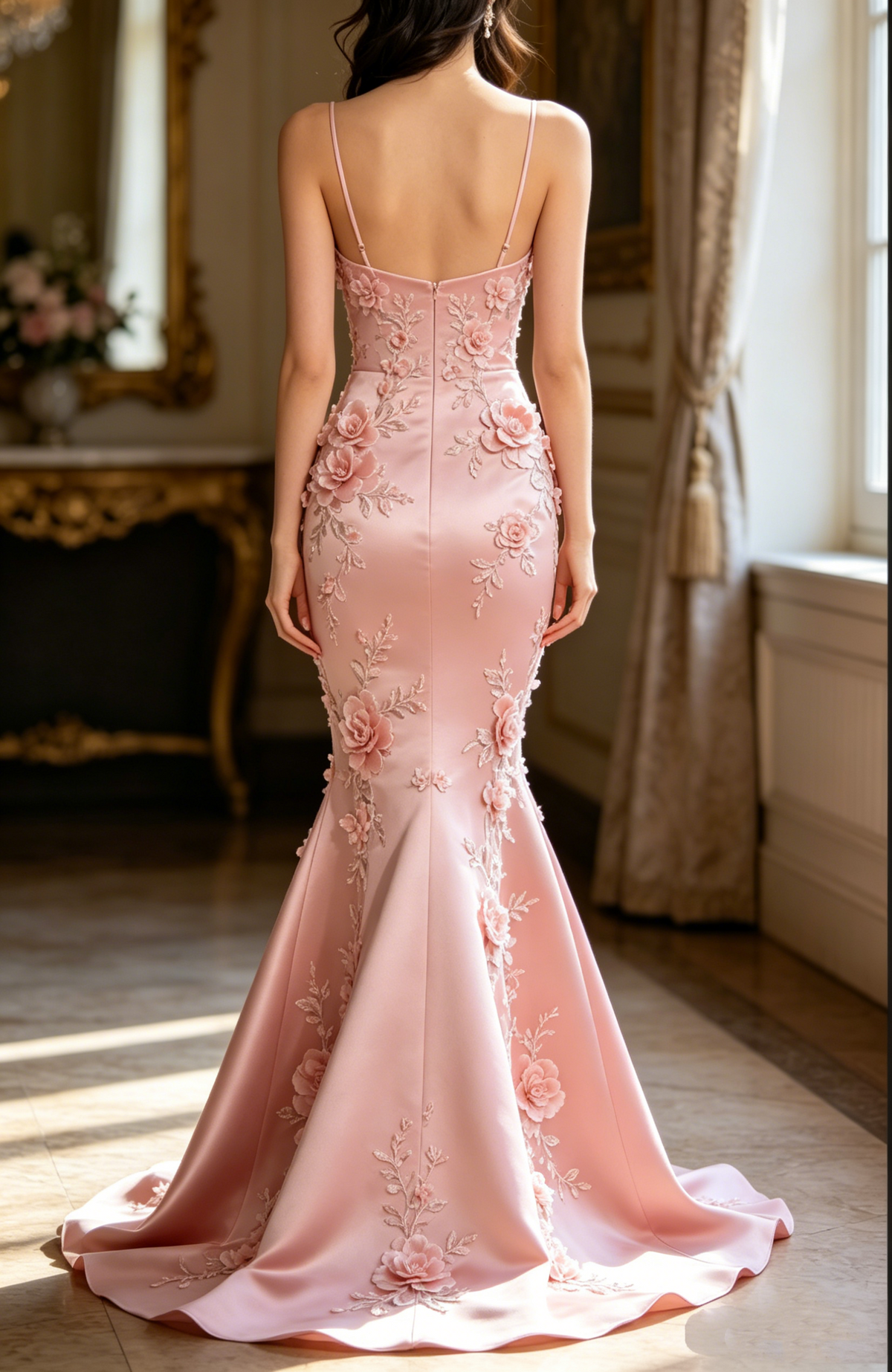 Vintage Light Pink Spaghetti Strap Mermaid Prom Dress 3D Floral Embroidery Evening Gown TP5856