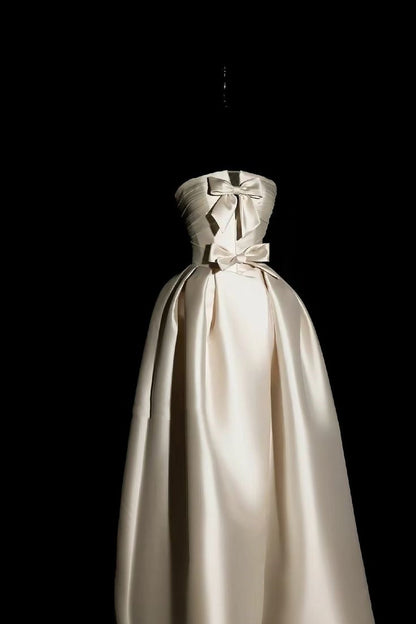 Girlhomeshops-Ivory white bow satin long wedding dress prom dress gh5389