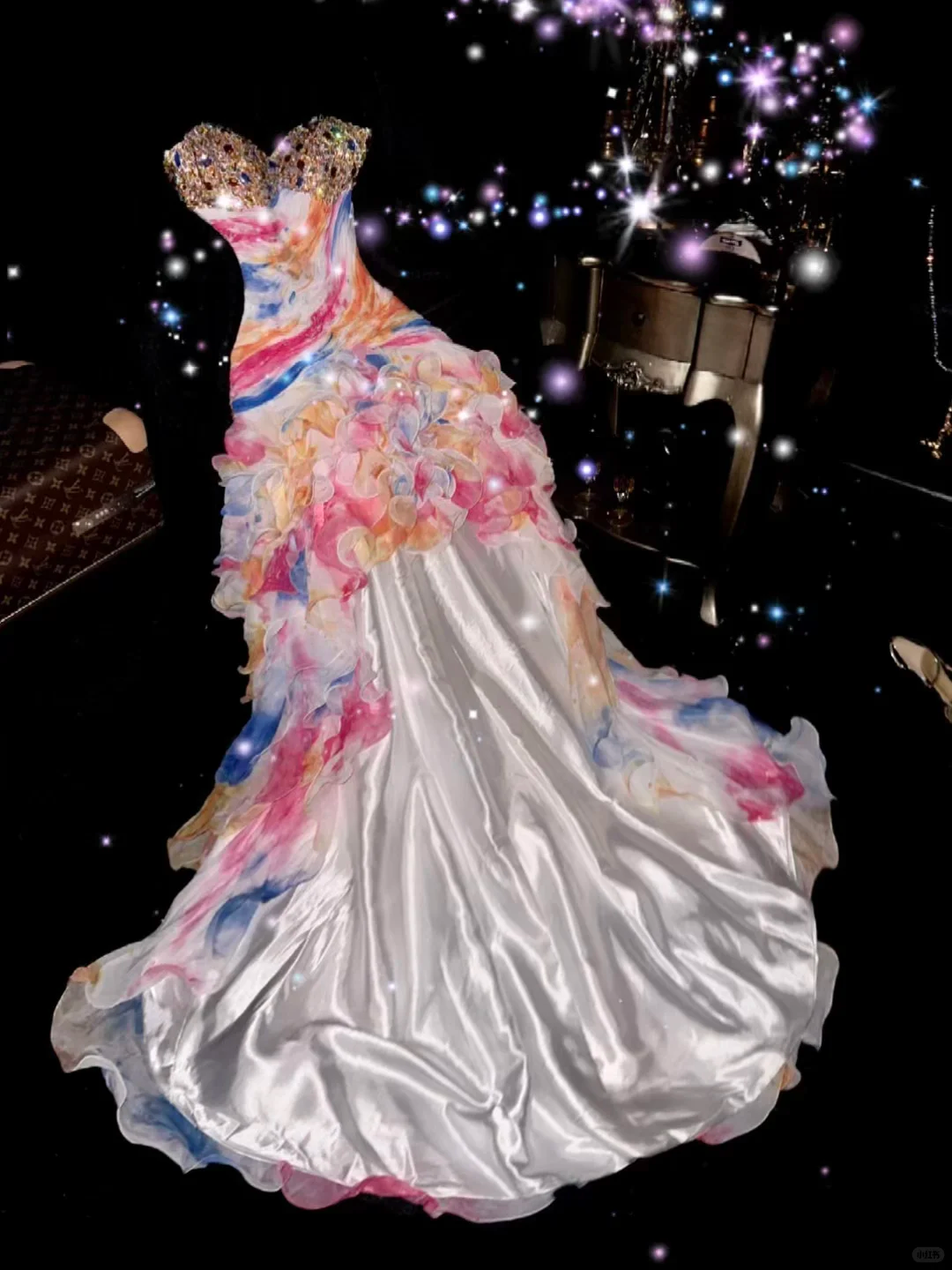 Glamorous Rainbow Ombre 3D Floral Applique Rhinestone Sweetheart Evening Gown TP5348
