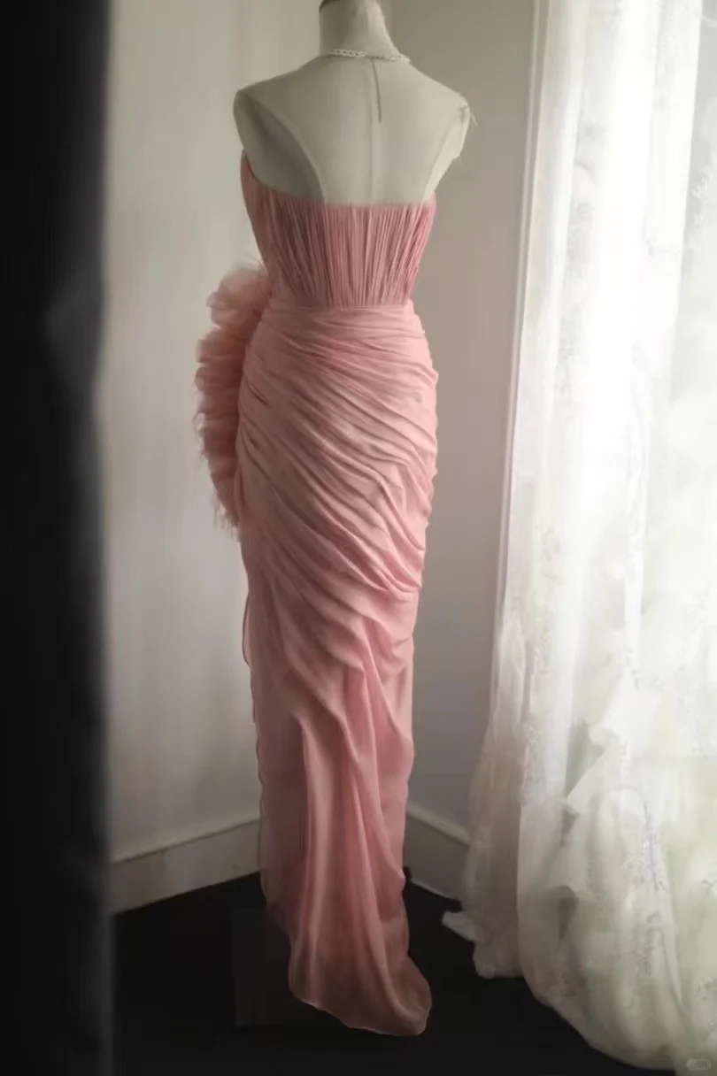 Vintage Pink Strapless Chiffon Gown Ruffled Prom Dress TP5648