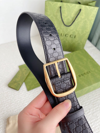 GUCCI CALFSKIN MONOGRAM BLACK BELT GOLD METAL 4CM