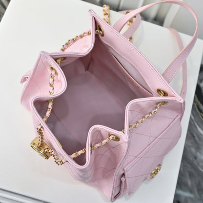 Chanel 25 Medium Size Backpack Grain Effect And Gold Metal Pink 23Cm