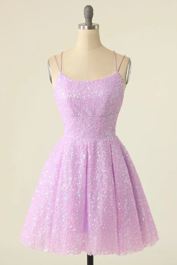Gorgeous Pink Sequined Backless Design A-line Lace-up Short Homecoming Dress TP3596
