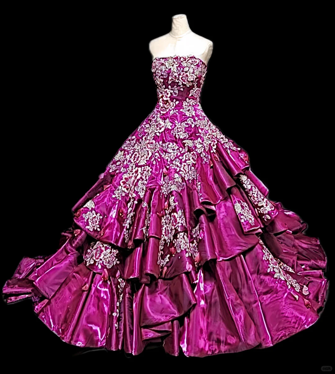 Glamorous Fuchsia Satin Strapless Beaded Embroidered Ruffled Tiered Sweet 15 Quinceanera Ball Gown TP5496