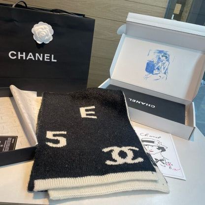 Chanel Logo Cashmere Muffler Black And White 170Cm