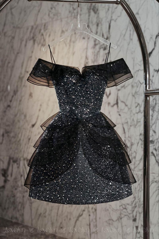 Black shiny tulle short sequined homecoming dress prom dress birthday dress gh4928