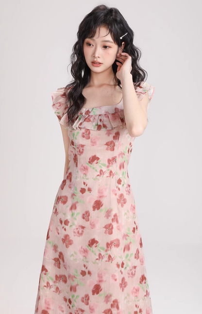 New Simple Fashion Short Puffy Sleeves Floral Design A-Line Dress TP3042