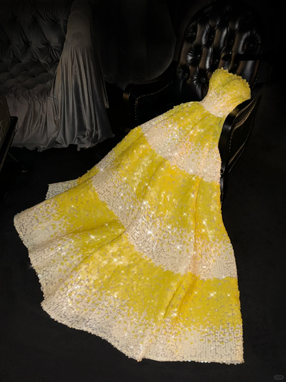 Chic Yellow Sparkle Sequined Strapless Glittering A-Line Evening Gown TP5385