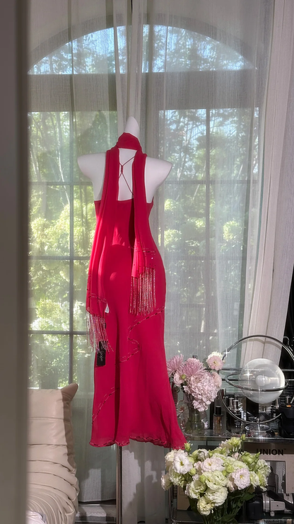 Elegant Fuchsia Cowl-Neck Midi Dress Spaghetti Strap Beaded Formal Evening Gown with Shawl TP5745