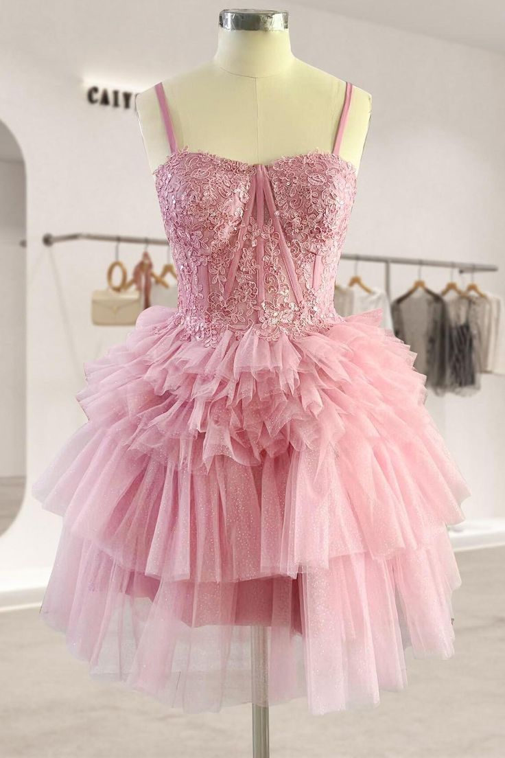 Fashion Pink Corset Tulle Design Spaghetti Strap Tiered Homecoming Dress TP3761