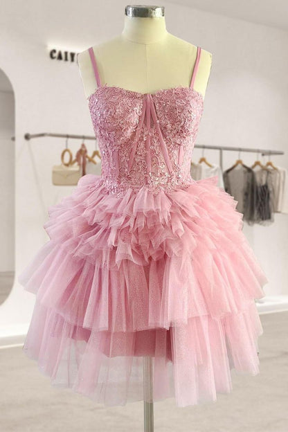 Fashion Pink Corset Tulle Design Spaghetti Strap Tiered Homecoming Dress TP3761