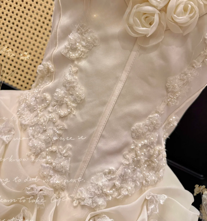 Gorgeous Ivory Strapless 3D Rose Appliques Ruffled Tulle Wedding Dress TP5449