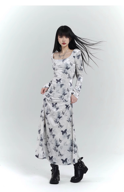 New Fashion Butterfly Pattern Design Sense White Long-sleeved Dress TP2929