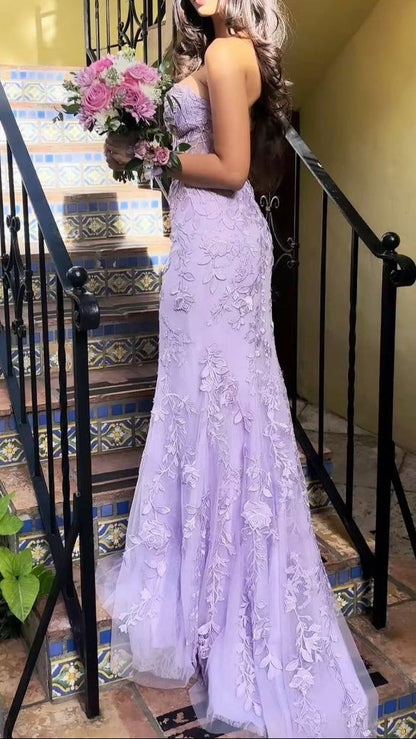 Vintage Lilac Strapless Mermaid Prom Gown Floral Lace Applique Evening Dress TP5715