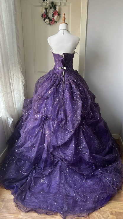 Glamorous Strapless Purple Sequin 3D Floral Tulle Quinceanera Ball Gown TP5835