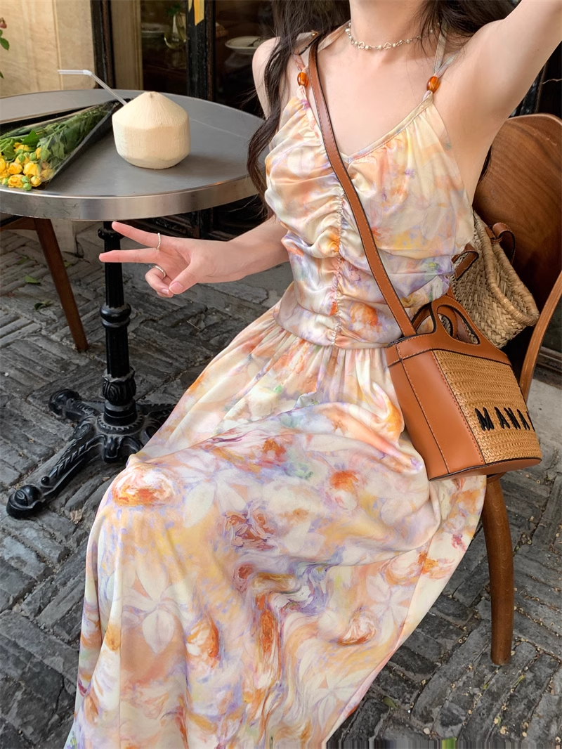 New Simple Fashion Floral Design A-Line Beach Holiday Halter Dress TP3033