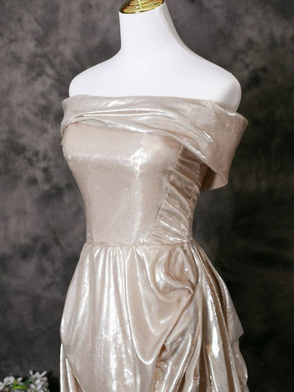 Glamorous Champagne Satin Off-Shoulder Sheath Draped Evening Gown TP5102