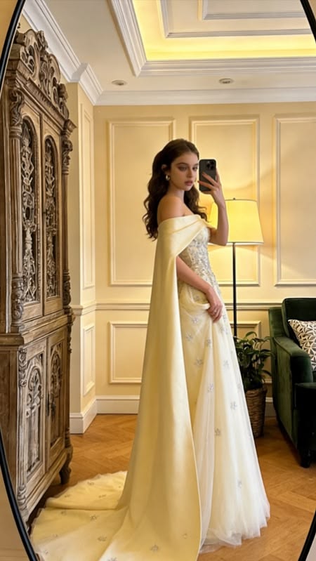 Elegant Yellow Off-the-Shoulder Beaded  Evening Gown TP5733
