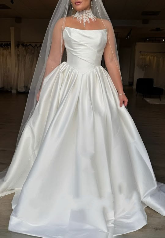 Elegant Strapless Draped Satin Chapel Train A-Line Wedding Gown TP5902
