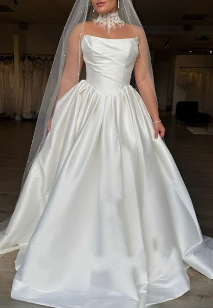 Elegant Strapless Draped Satin Chapel Train A-Line Wedding Gown TP5902