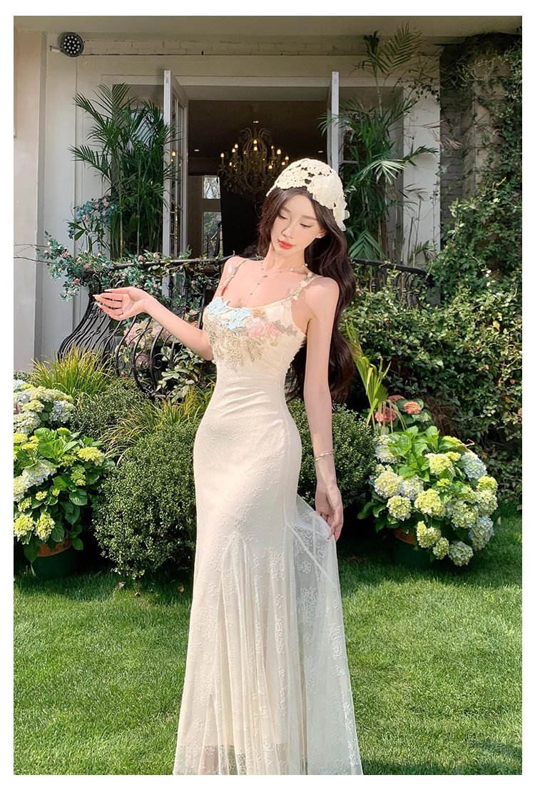 Vintage Fashion Floral Mesh Design Elegant Beach Holiday Mermaid A-line Spaghetti Strap Dress TP3359