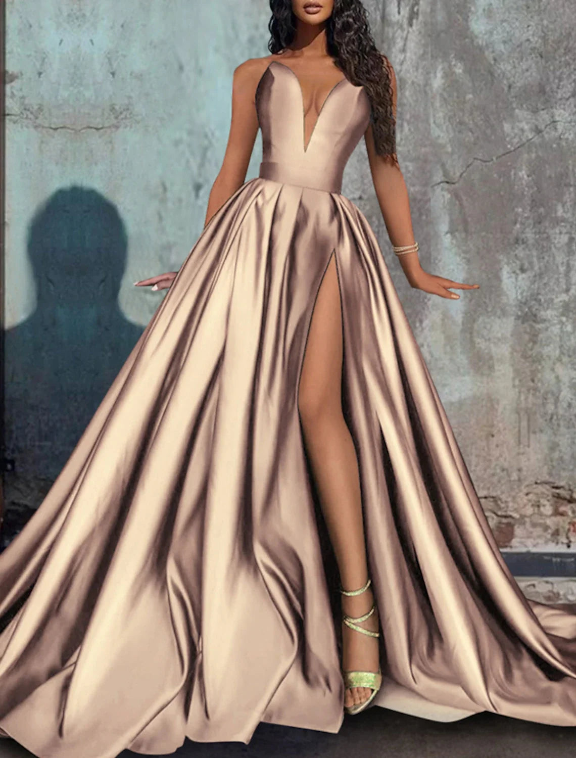A-Line Evening Gown Christmas Red Green Dress Formal Wedding Party Court Train Sleeveless Strapless Satin with Pleats Slit
