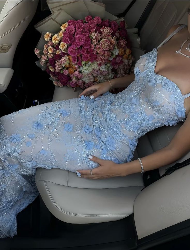 Enchanting 3D Floral Applique Prom Dress Mermaid Evening Gown TP5700