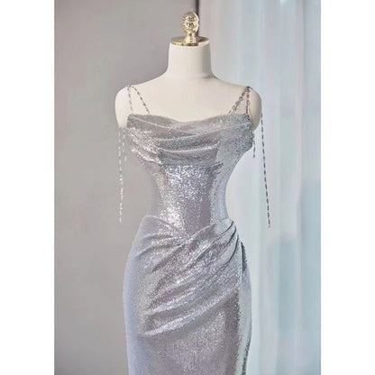 Elegant Silver Sequin Spaghetti Strap Mermaid Evening Gown TP5103