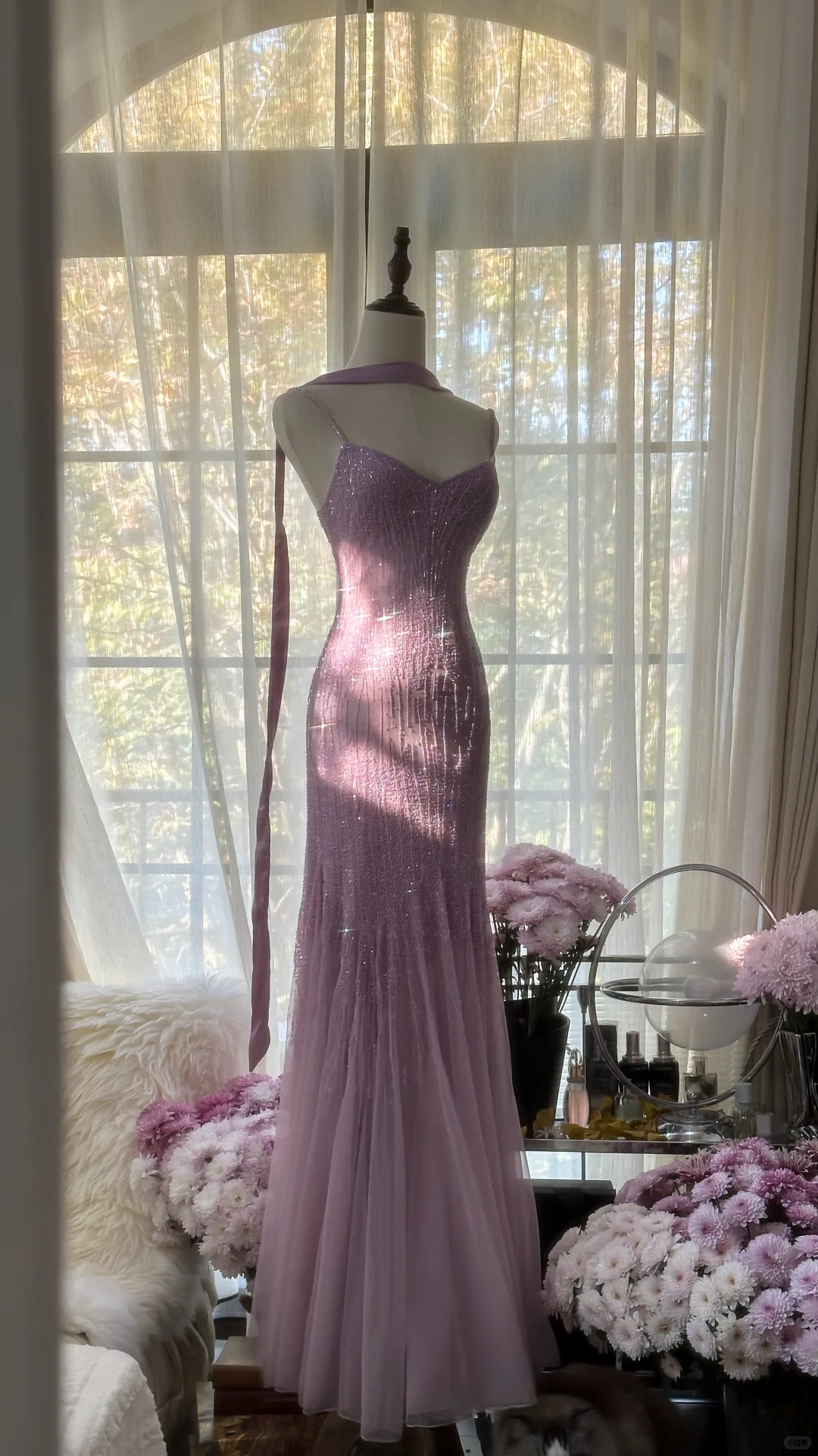 Retro Pink Sparkling Beaded Mermaid Chiffon Ball Gown Evening Dress Prom Dress TP3971