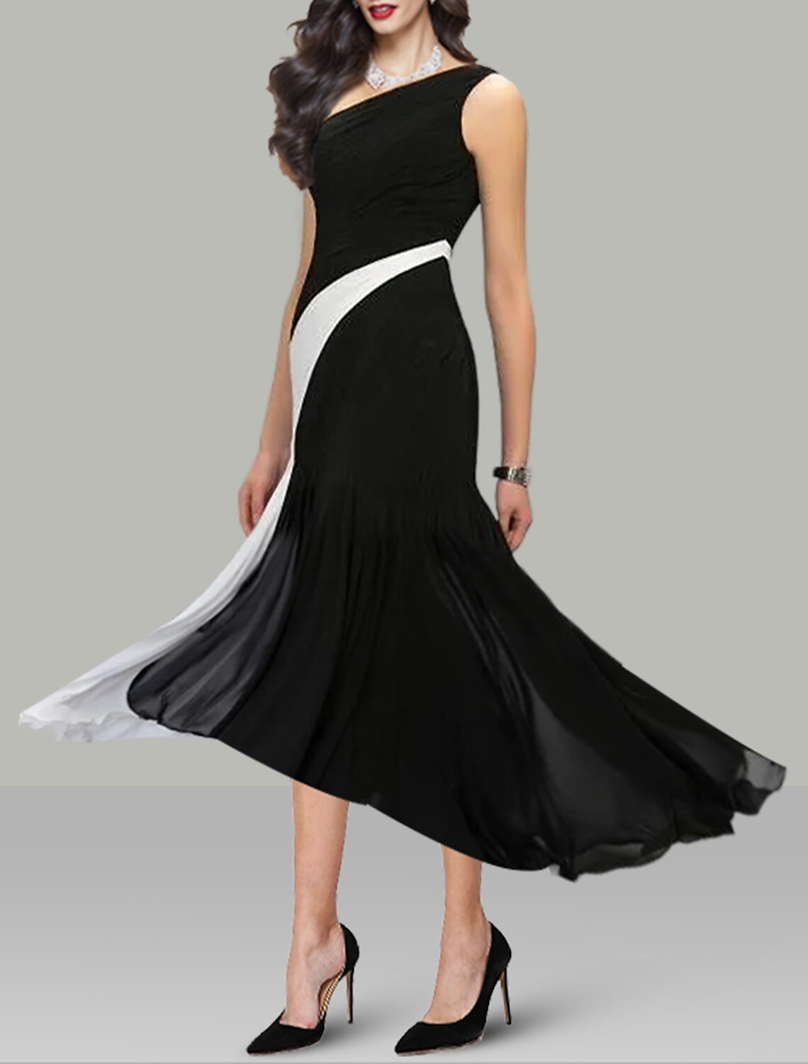 A-Line Cocktail Dresses Black Dress Wedding Guest Holiday Tea Length Sleeveless One Shoulder Chiffon with Ruched