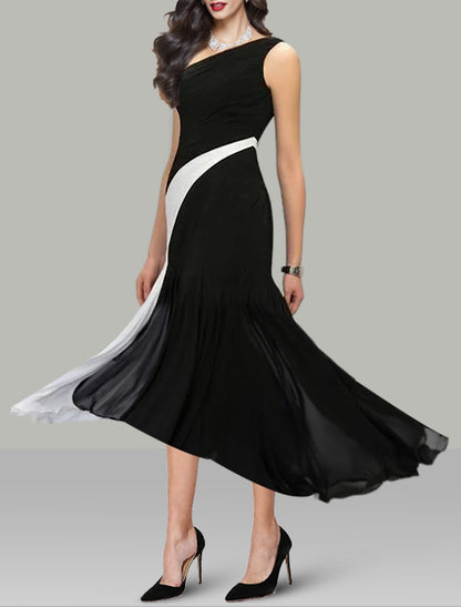 A-Line Cocktail Dresses Black Dress Wedding Guest Holiday Tea Length Sleeveless One Shoulder Chiffon with Ruched