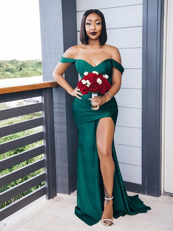 Sheath/Column Off-the-Shoulder Ruched Sleeveless Sweep/Brush Train Bridesmaid Dresses
