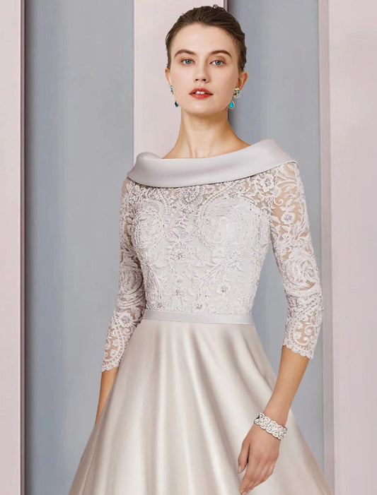 A-Line Mother of the Bride Dress Formal Church Party Elegant Cowl Neck Tea Length Satin Lace 3/4 Length Sleeve with Beading Appliques