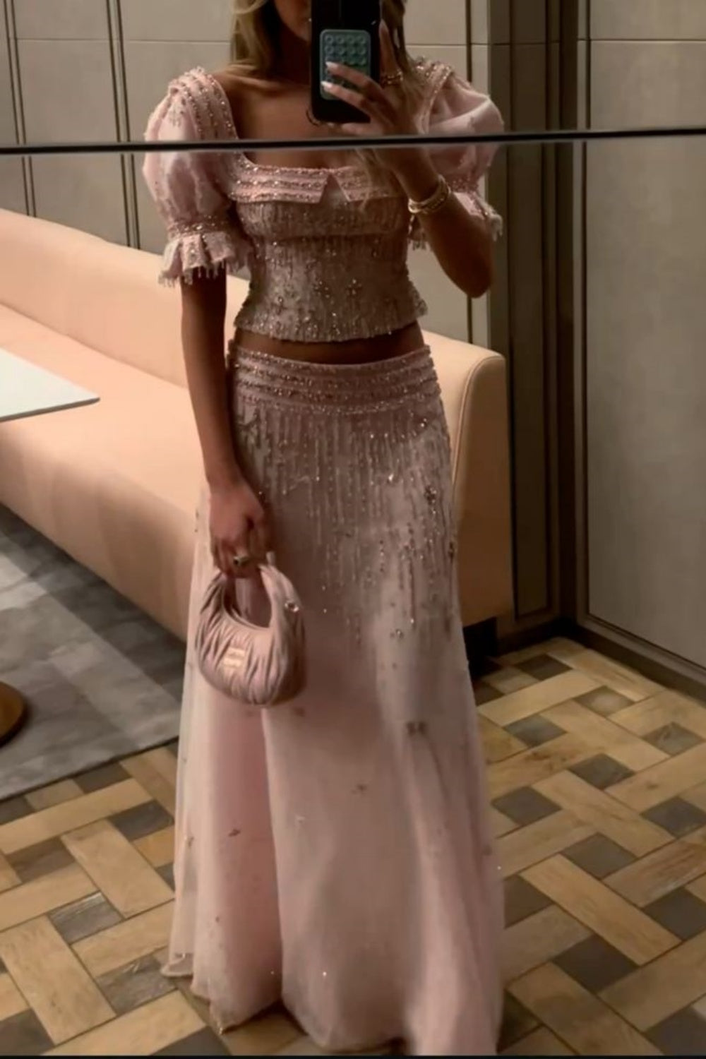 Short-Sleeve Pink Tulle Beaded Two-Piece Gown | Sweet Luxury Square Neck Cutout Maxi Dress for Gala Gathering gh6465