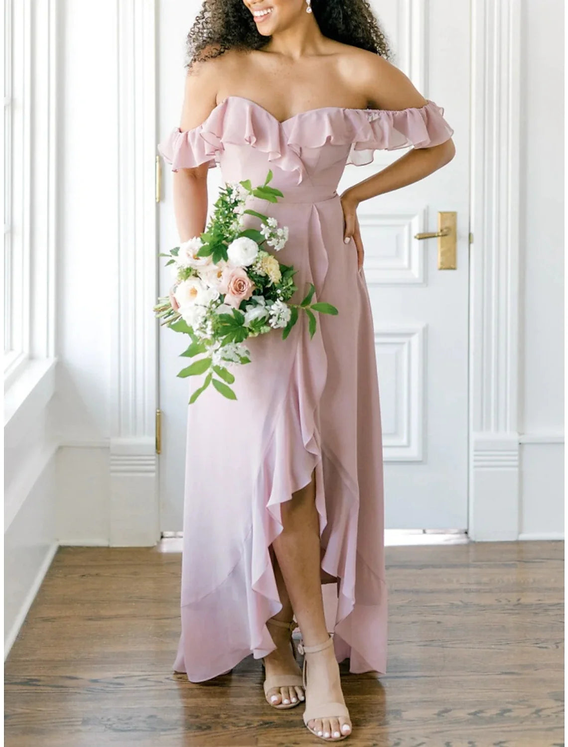 A-Line Bridesmaid Dress Off Shoulder Short Sleeve Elegant Asymmetrical Chiffon with Ruffles / Split Front / Ruching
