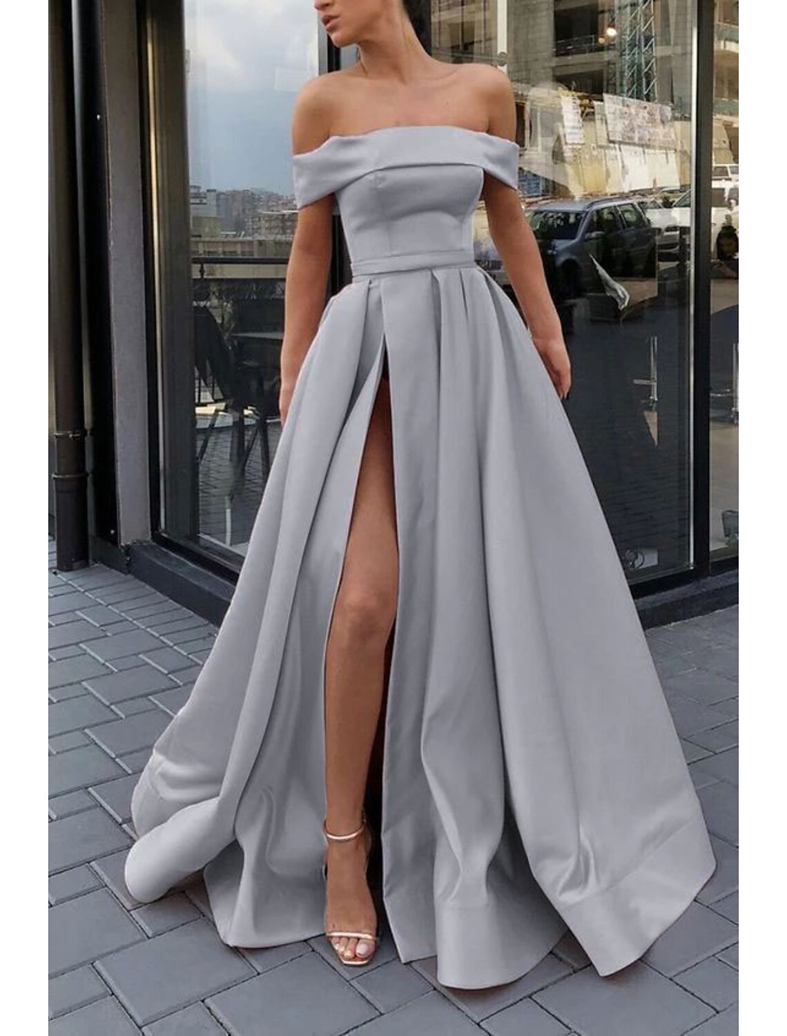 A-Line Prom Dresses Minimalist Dress Wedding Guest Engagement Floor Length Sleeveless Off Shoulder Satin with Slit