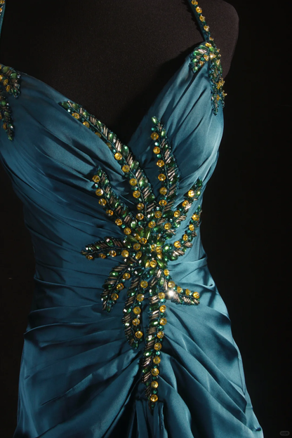 Elegant Teal Satin Spaghetti Strap Beaded Sheath Evening Gown TP5413
