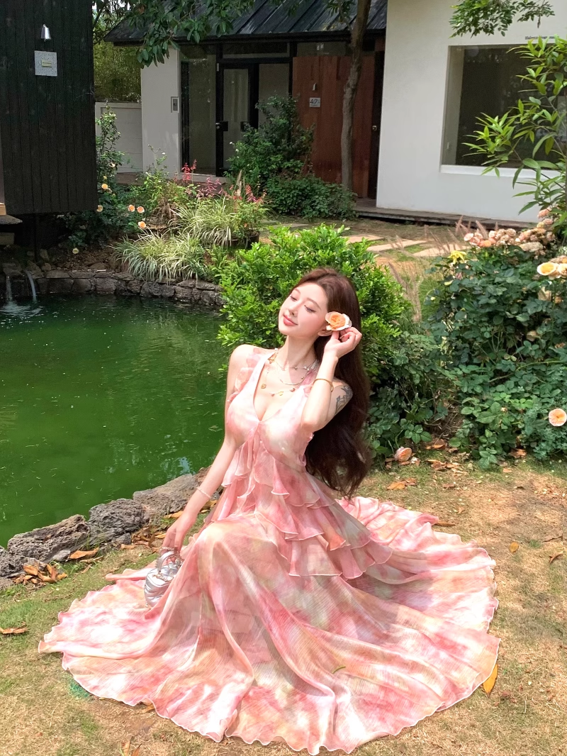 New Fashion Pink Floral Design A-line Beach Holiday Halter Dress TP3614