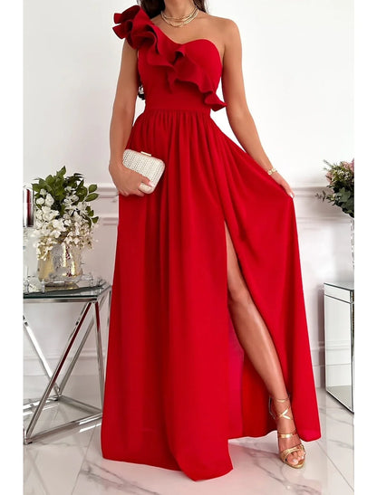 Women's Sleeveless Pure Color Patchwork Cold Shoulder Long Maxi Homecoming Dress
