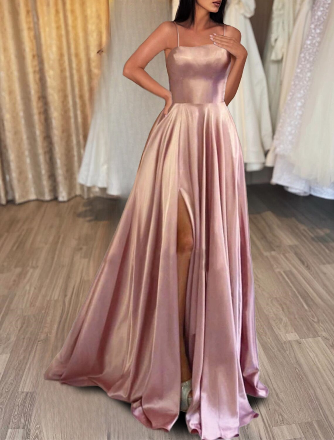 A-Line Evening Gown Backless Dress Formal Wedding Guest Sweep / Brush Train Sleeveless Spaghetti Strap Satin Backless with Slit 2026