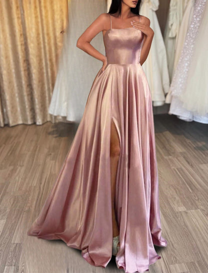 A-Line Evening Gown Backless Dress Formal Wedding Guest Sweep / Brush Train Sleeveless Spaghetti Strap Satin Backless with Slit 2026