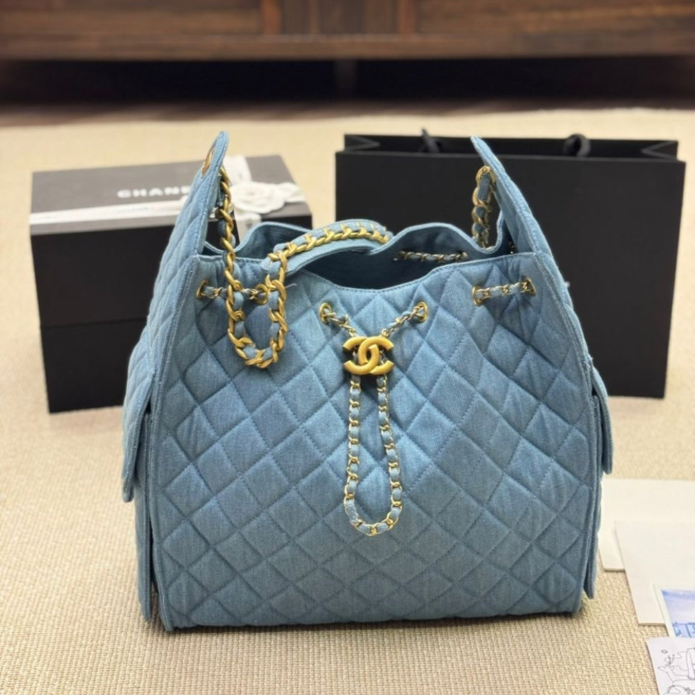 Chanel 25 Medium Handbag Washed Denim Blue And Gold Tone Metal 35Cm AS5311 B20603 U0475