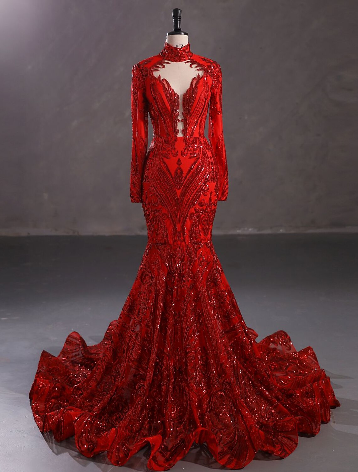 Mermaid Party Dress Evening Gown Sparkle & Shine Dress Carnival Christmas Red Green Dress Court Train Long Sleeve Stand Collar Lace with Sequin